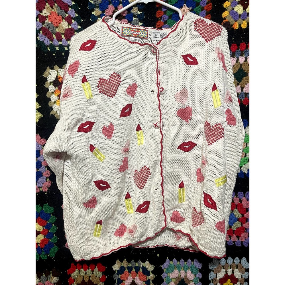 Vintage Valentines Cardigan Bay Hand Knit Cardigan Hearts Lips Applique Large